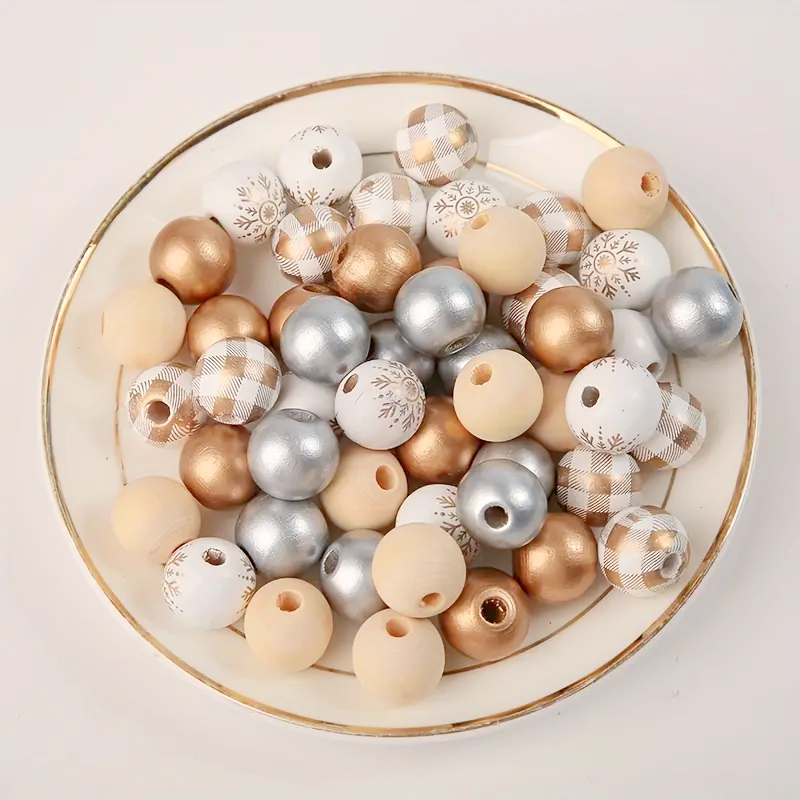 Silver and Gold Christmas Wooden Beads - Set of 50