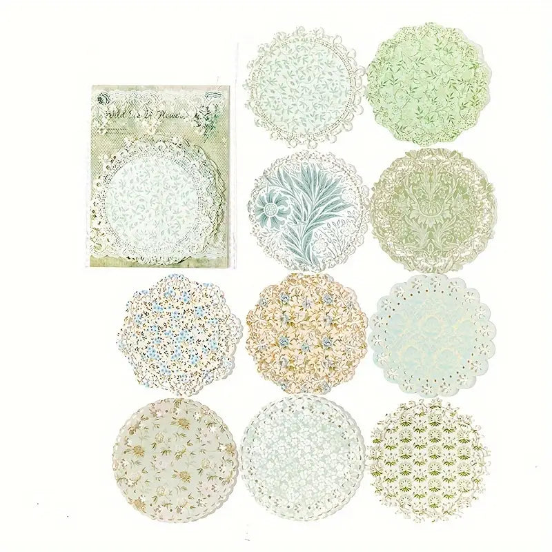 Shabby Chic Green Floral Vintage Style Lace Doily Papers - Set of 10