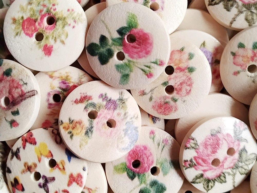Spring Floral Wooden Painted Buttons - Set of 25 - Sugar Pink Boutique