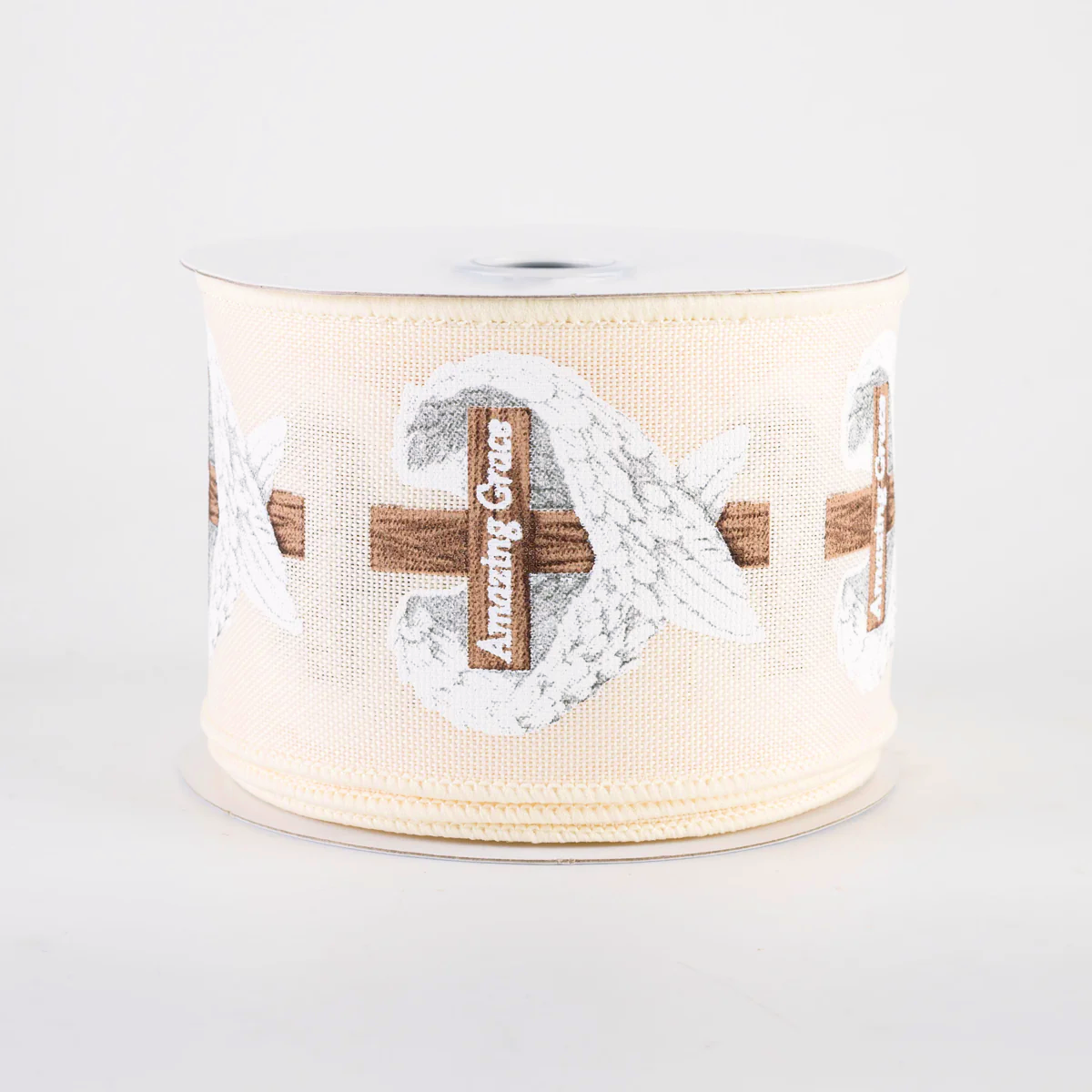 2 1/2" Amazing Grace Cross & Wings Wired Ribbon: Cream - 1 Yard