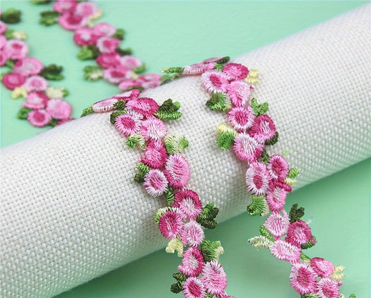 Rose Pink and Green Floral Embroidered Lace Trim - .79 inch - 1 Yard