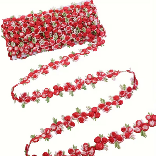 Red and Green Floral Embroidered Lace Trim - .70 inch - 1 Yard