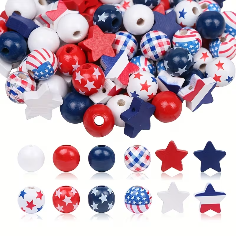 Patriotic Wooden Beads - Set of 130