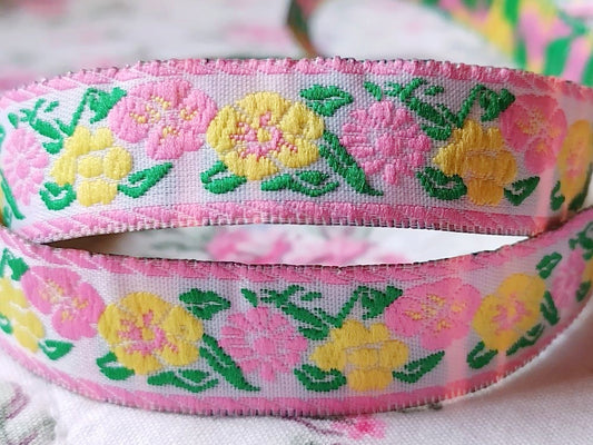 Jacquard Pink, Green & Yellow Spring Floral Ribbon - 5/8" - 1 Yard - Sugar Pink Boutique