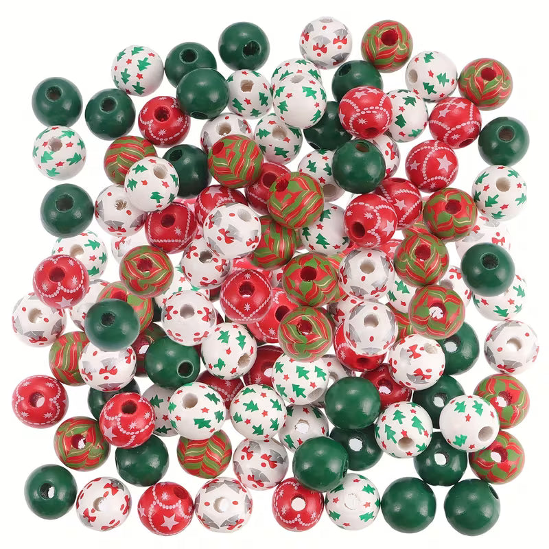 Christmas Wooden Beads - Set of 50