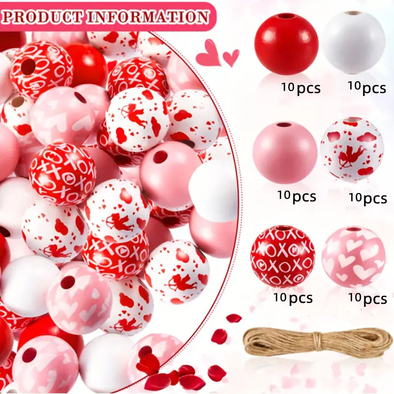 Valentine's Day Wooden Beads - Set of 60