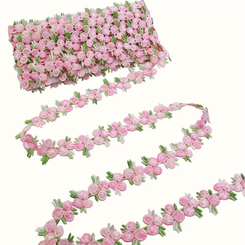 Light Pink and Green Floral Embroidered Lace Trim - .70 inch - 1 Yard