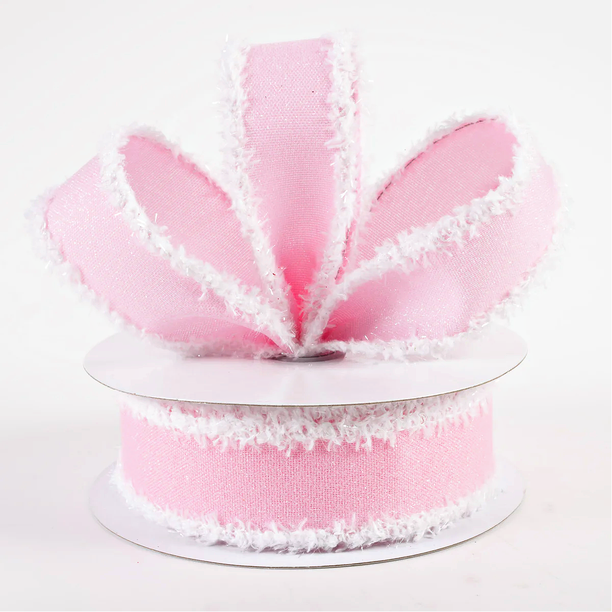 1 1/2" Crystal Shine Fuzzy Edge Wired Ribbon: Pink & White - 1 Yard