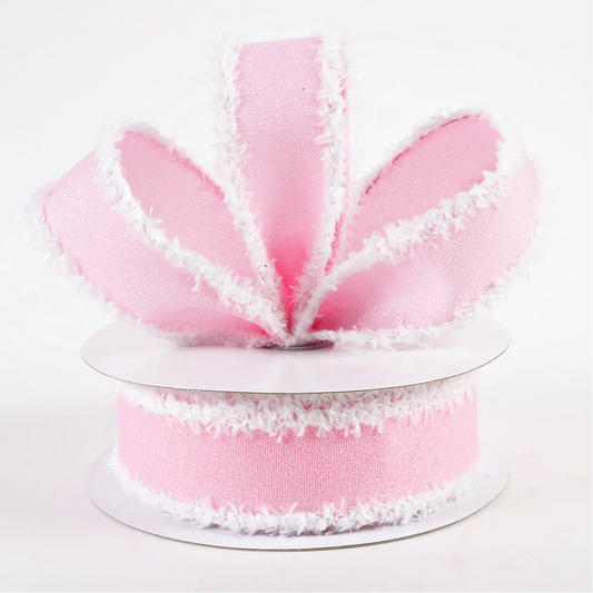 1 1/2" Crystal Shine Fuzzy Edge Wired Ribbon: Pink & White - 1 Yard