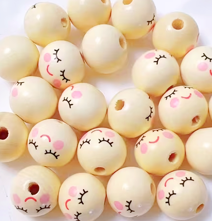 Doll Face Wooden Beads - Set of 10