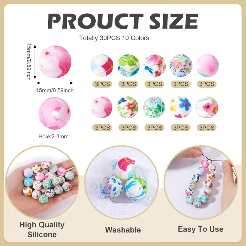 Floral Silicone Round Beads - Set of 30