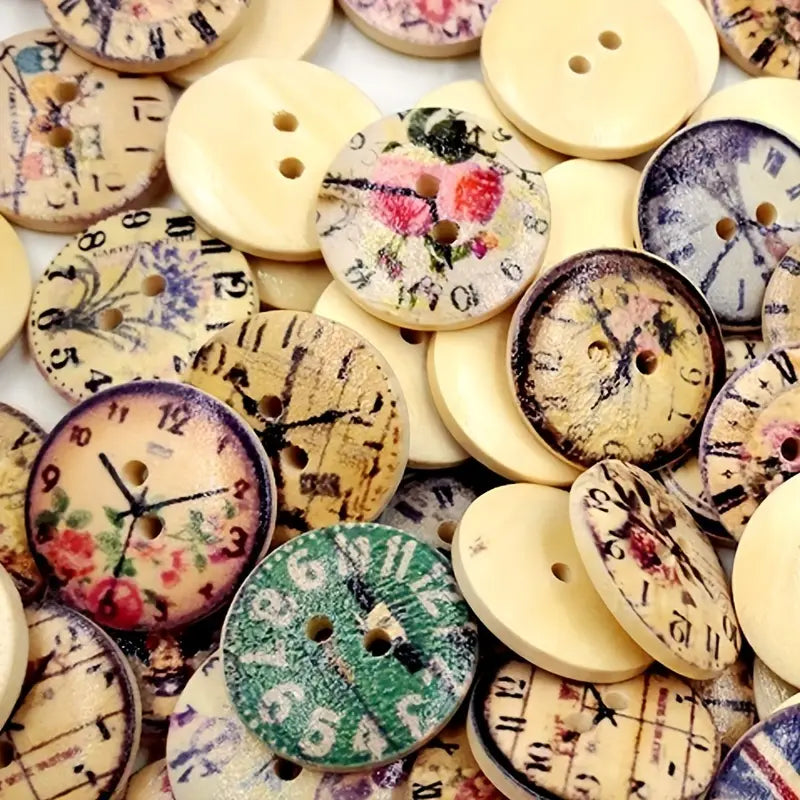Vintage Style Wooden Retro Painted Clock Buttons Mix - Set of 50 - Sugar Pink Boutique