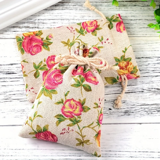 Shabby Chic Floral Burlap Drawstring Bags - Set of 4