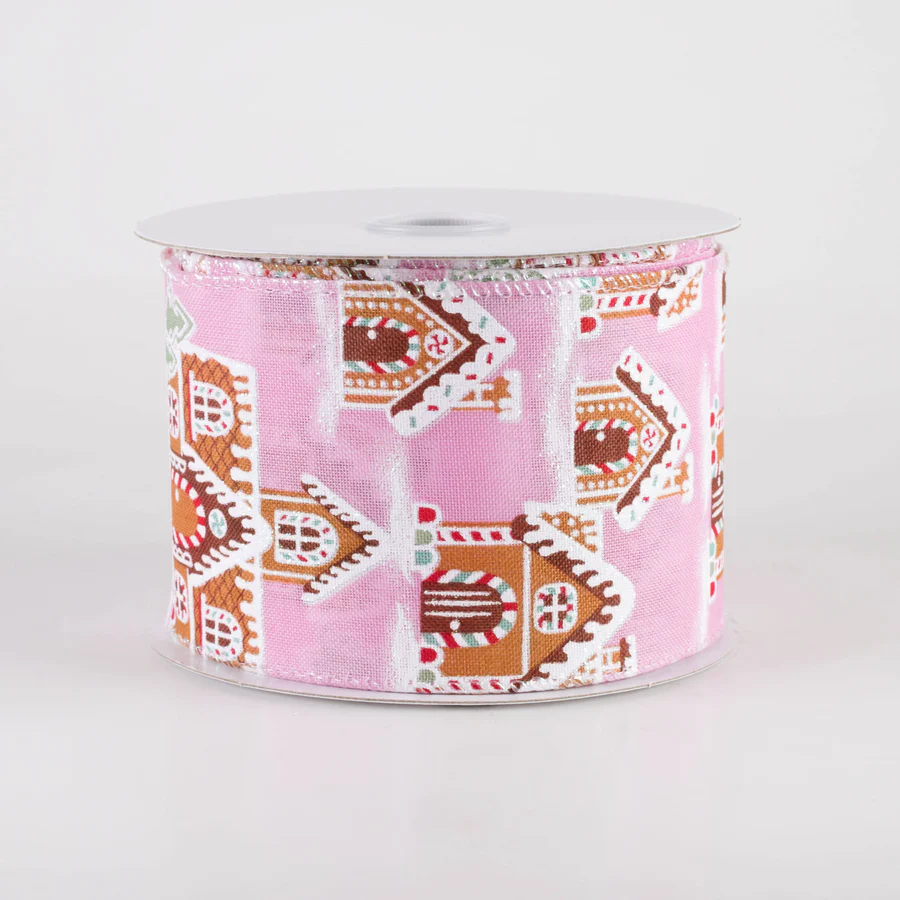 2 1/2" Gingerbread House Wired Ribbon: Pink - 1 Yard