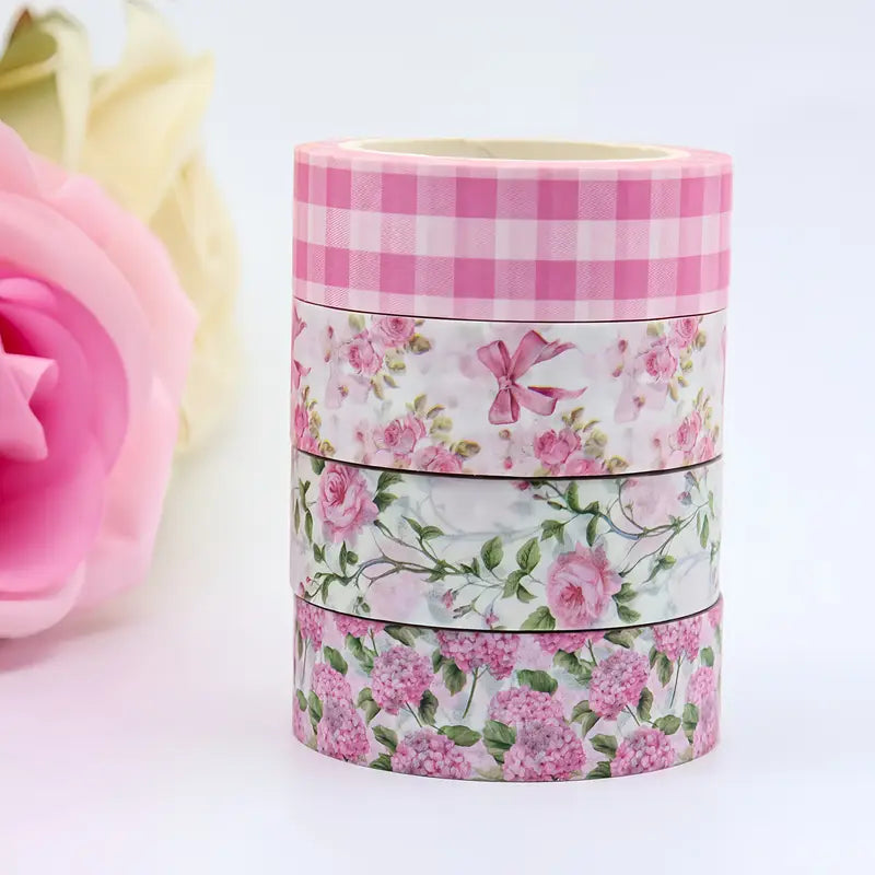 Shabby Chic Pink and White Floral Washi Tape - Set of 4