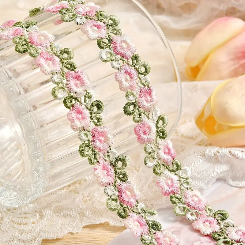 Pale Pink and Green Floral Embroidered Lace Trim - .78 inch - 1 Yard