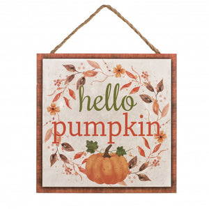 10" Square Wooden Sign: Hello Pumpkin