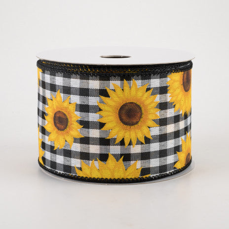 2 1/2" Sunflowers on Gingham Wired Ribbon: Black & White - 1 Yard - Sugar Pink Boutique