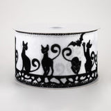 2 1/2" Flocked Halloween Cats Wired Ribbon: White - 1 Yard
