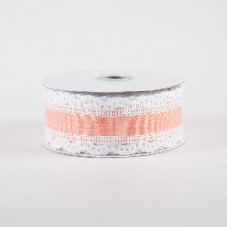 1 1/2" Scalloped Edge Wired Ribbon: White & Peach - 1 Yard