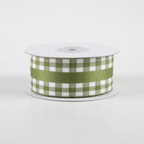 1 1/2" Mini Gingham With Center Stripe Lightly Wired Ribbon: Moss Green & Cream - 1 Yard