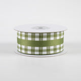 1 1/2" Mini Gingham With Center Stripe Wired Ribbon: Moss Green & Cream - 1 Yard