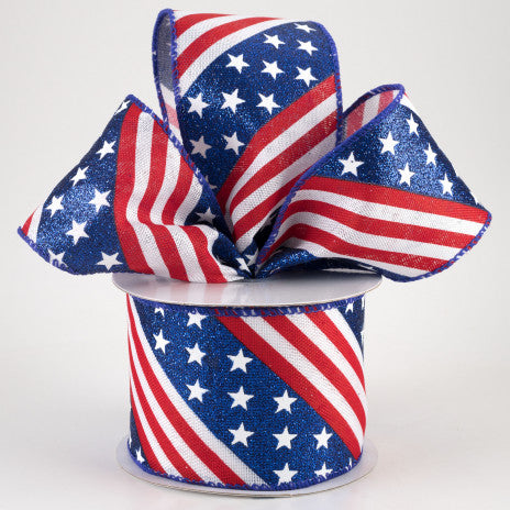 2 1/2" Glitter Stars & Stripes Wired Ribbon -1 Yard