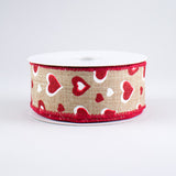 1 1/2" Glitter Hearts Wired Ribbon: Natural, Red, White - 1 Yard