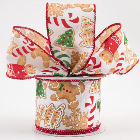 Gingerbread Cookies Candy Cane Wired Ribbon: White - 1 Yard - Sugar Pink Boutique