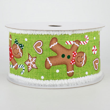 2 1/2" Chenille Edge Gingerbread Wired Ribbon: Fresh Green - 1 Yard