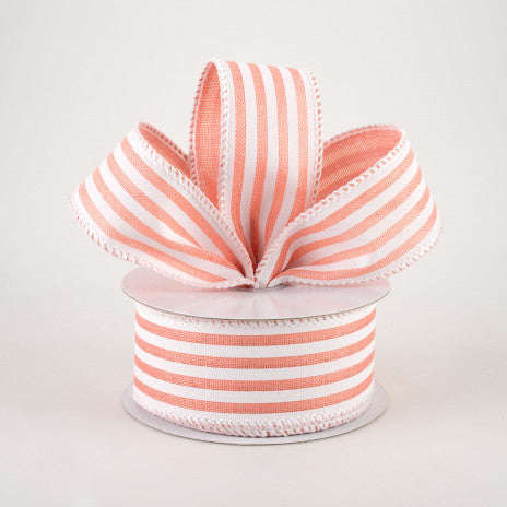 1 1/2" Linen Cabana Stripes Wired Ribbon: Peach & White - 1 Yard