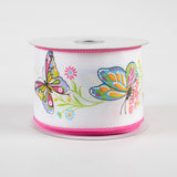 2 1/2" Butterfly Branches Wired Ribbon: White & Pink - 1 Yard