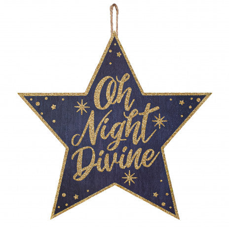 12" Wooden Star Sign: Oh Night Divine Glitter