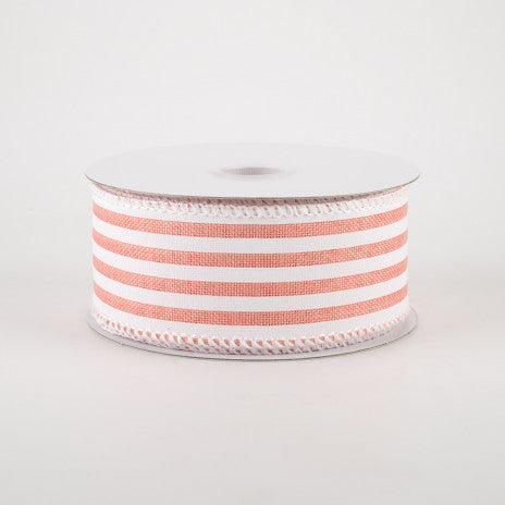 1 1/2" Linen Cabana Stripes Wired Ribbon: Peach & White - 1 Yard