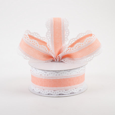 1 1/2" Scalloped Edge Wired Ribbon: White & Peach - 1 Yard