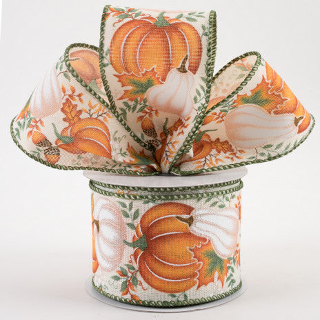 2 1/2" Pumpkin, Gourd, Leaves Wired Ribbon: Cream, Orange, Sage - 1 Yard