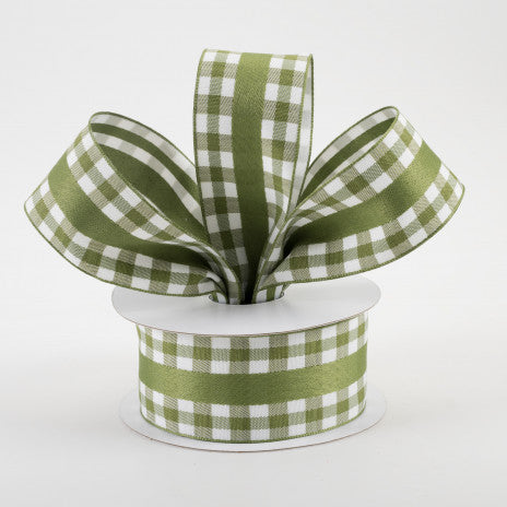 1 1/2" Mini Gingham With Center Stripe Lightly Wired Ribbon: Moss Green & Cream - 1 Yard