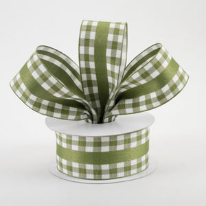 1 1/2" Mini Gingham With Center Stripe Wired Ribbon: Moss Green & Cream - 1 Yard