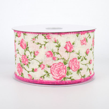 2 1/2" Pink Chintz Wired Ribbon: Ivory - 1 Yard