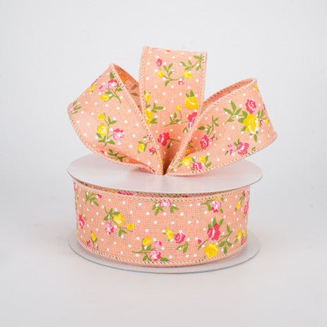 1 1/2" Vintage Floral Dots Wired Ribbon: Peach - 1 Yard