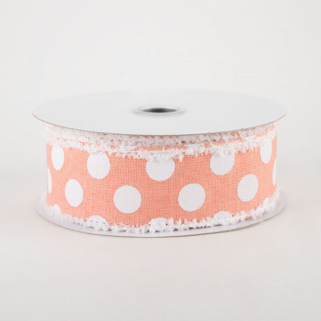 1 1/2" Medium Polka Dots Fuzzy Edge Wired Ribbon: Peach & White - 1 Yard