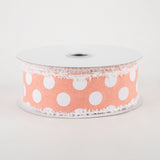 1 1/2" Medium Polka Dots Fuzzy Edge Wired Ribbon: Peach & White - 1 Yard