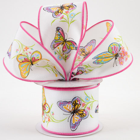 2 1/2" Butterfly Branches Wired Ribbon: White & Pink - 1 Yard