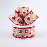 1 1/2" Glitter Hearts Wired Ribbon: Natural, Red, White - 1 Yard