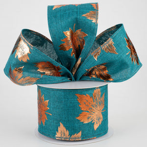 2 1/2" Teal Linen Wired Ribbon With Rust Embossed Fall Leaves - 1 Yard