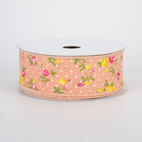 1 1/2" Vintage Floral Dots Wired Ribbon: Peach - 1 Yard