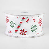 2 1/2" Red & Green Candy Cane & Peppermint Fuzzy Wired Edge Ribbon: White - 1 Yard