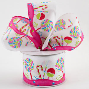 2 1/2" Satin Christmas Lollipops Candy Wired Ribbon: White, Teal, Pink - 1 Yard