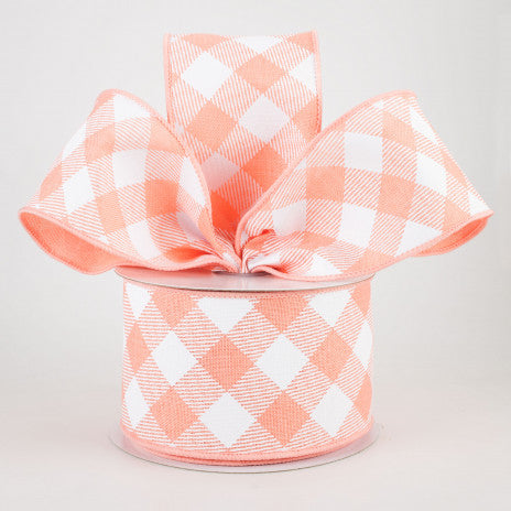 2 1/2" Diagonal Check Wired Ribbon: Peach & White - 1 Yard