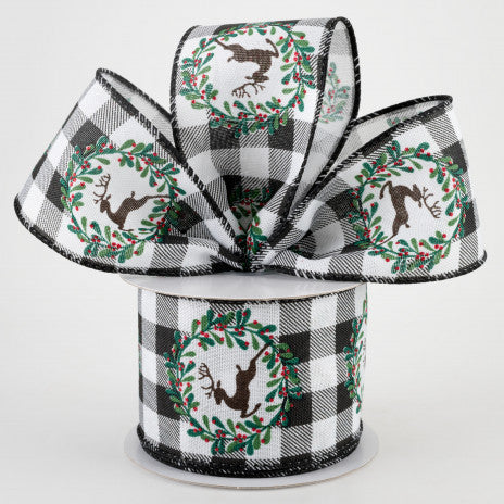 2 1/2" Black & White Buffalo Plaid Deer Wired Wreath Ribbon - 1 Yard